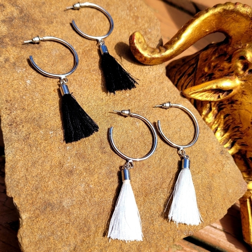 SET OF 2 BLACK & WHITE SILK TASSEL SILVER EARRINGS